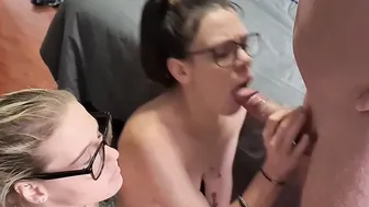 2 nerdy girls blowing and jerking penis till they got their glasses covered with cum