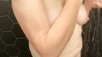 Kiwi Cougar washing my biggest natural boobies inside the shower