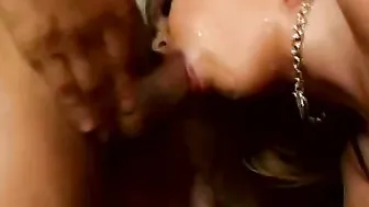 Sticks his cock and his toes into her mouth before