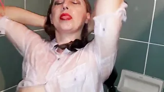 A sluts inside clothes under the shower. Leaking lingerie dripping