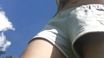 Penetration into short shorts. Without underwear. Outdoors. Naked Titted under