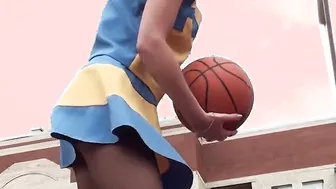 Lorine into Cheerleader Uniform and Tights Shooting Ball and Flashing