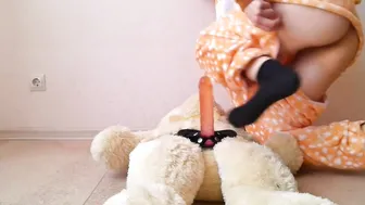 A teddy bear fucks a huge booty Hot inside a deer costume into a cowgirl position with a gigantic fake-dick.