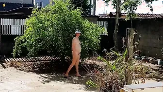 My bushy wifey walking nude into front yard for a