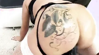 Babe blonde drinks from a bowl like a dog and