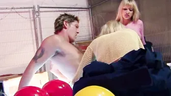 Freaky blonde girls fucking together with a handsome worker