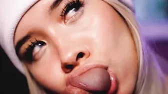Blonde with a voluptuous face demonstrates her expert ability to suck dick