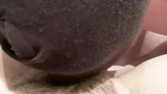 Licked bushy cunt close-up