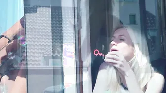 Adorable blonde plays with her huge natural boobs while masturbating