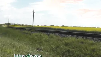 Nude inside outside. milf pee on train tracks and putting on lingerie near passing train. Golden Rain