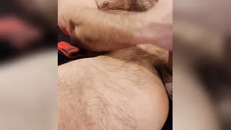 Close up of UNSHAVED MUSCLE BEAR STROKING PENIS