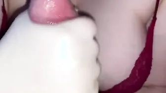 Having Fun with his prostate inside rubber gloves before finishing him all over my big boobies