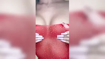 A whore inside Bombshell red panties shows her tits.