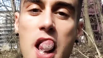Chewing and swallowing own cum outdoors