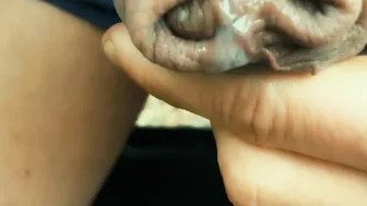 Close up precum and cum soak out of huge uncut dick inside a cruising area