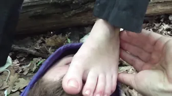 FootFetish outdoors. I serve as a coaster and a feet mat into the forest so that she does not got