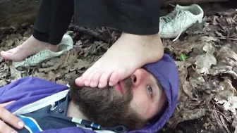 FootFetish outdoors. I serve as a coaster and a feet mat into the forest so that she does not got