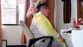 Do you want me to cut your hair? Stylists client. Nude hairdresser. Nudism 24