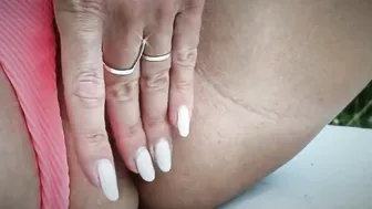 Village Outside Risky Masturbation on Garden Table