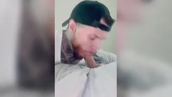 Tatted twinkie sucking off heterosexual friend hiding under covers