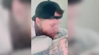 Tatted twinkie sucking off heterosexual friend hiding under covers