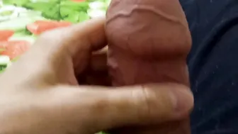 I stroke my excited gigantic penis with a huge fellatio and performance my legs. Toes bondage