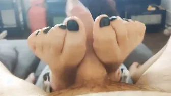 Step sister give an oiled devils pedicure with ebony feet while