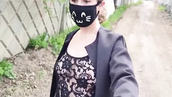 Hottie women walking inside transparent lace dress