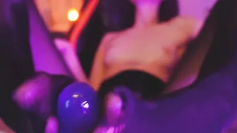 Purple haired eighteen jerks off vibrator into pantyhose
