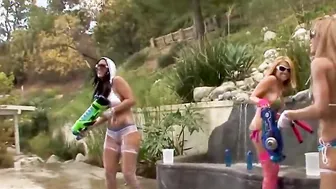 Big Titted oiledup MILFs blowing and banging inside outdoors group sex