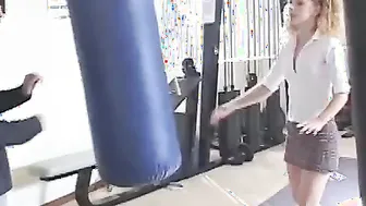 Curly blonde skank gets vagina penetration into gym