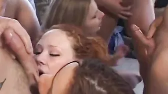 Nasty cherry-merry girls celebrate with strangers their victory inside cheerleaders