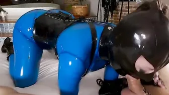Cristal Crazy inside blue rubber catsuit pov hand job head and