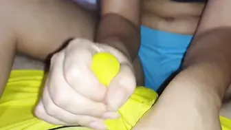Hand Job through lingerie tight boxers lingerie cum into leggings