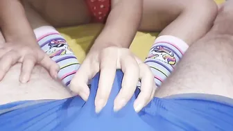 Toejob+hand job at the same time made him cum into his