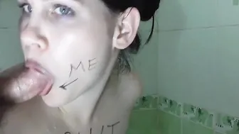 sexy bitch blows cock and getting cum on her face.