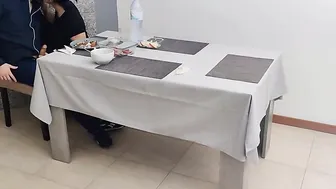 Waitress getting internal creampie inside her creamy vagina under the