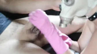 Gasmaked sluts make Pvc Glove Hand Job