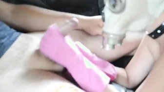Gasmaked sluts make Pvc Glove Hand Job