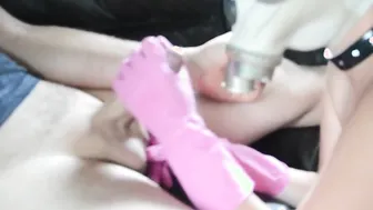 Gasmaked sluts make Pvc Glove Hand Job