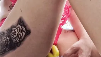 Smoking and fucking vagina with sex toy on terrasa