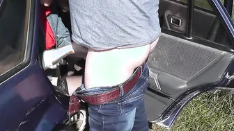 Sex into outdoors. Inside back seat vehicle on side of road blonde cougar Cutie Frina jerked off cock driver vehicle