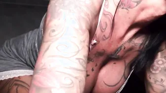 German huge breasts tattoo MILF do fellatio with cum drink