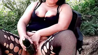 I am very excited and I masturbate with a cucumber into the patio of my house. I pounded my dripping