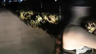 Masturbating into outdoors using skates and underwear