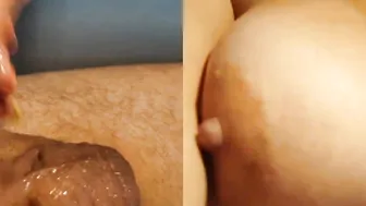 New format close up clip. Touching irresistible natural titted while stepsister masturbate my lubed cock. Big jizzed.