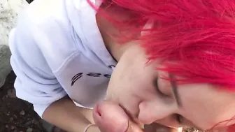 outside head on the beach cum into mouth - point of view