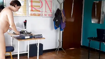 Nudist secretary. Nude employee inside the office. Naked bitch is