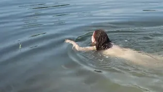 Dark Hair Swimming Without Underwear and Bra