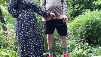 Mommy mom helps her stepson peeing outdoors and pissing standing
